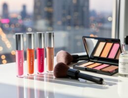 Colorful makeup lip gloss tubes and an eyeshadow palette arranged on a white vanity with soft, blurred city lights in the background.