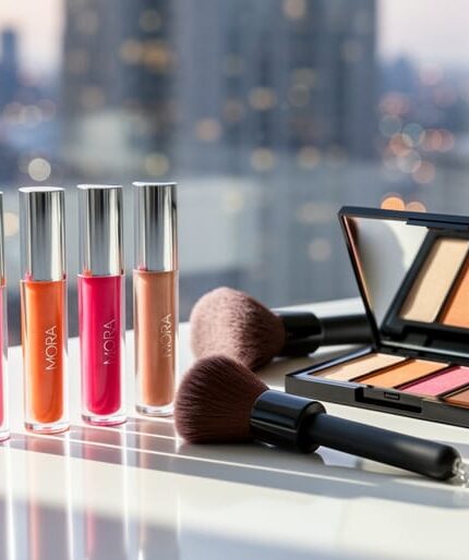 Colorful makeup lip gloss tubes and an eyeshadow palette arranged on a white vanity with soft, blurred city lights in the background.