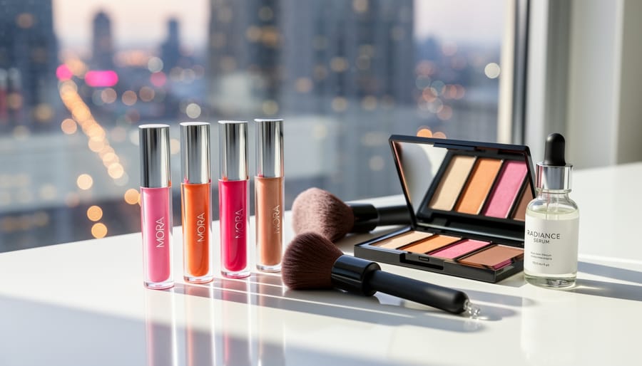 Colorful makeup lip gloss tubes and an eyeshadow palette arranged on a white vanity with soft, blurred city lights in the background.