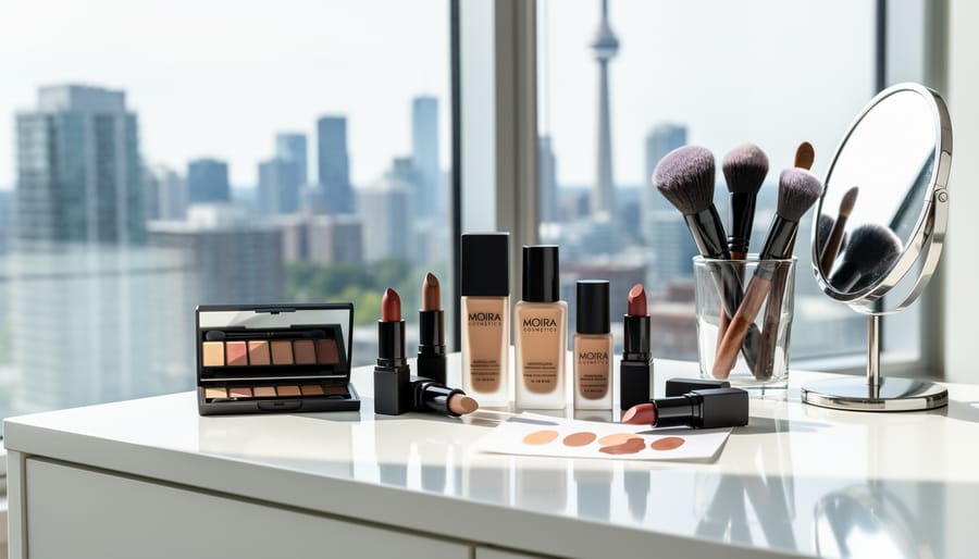Makeup products arranged on a white vanity, showing foundation, concealer, powder, and a makeup brush