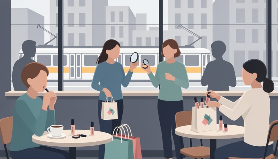 Shopping bag with makeup items on a café table near a window
