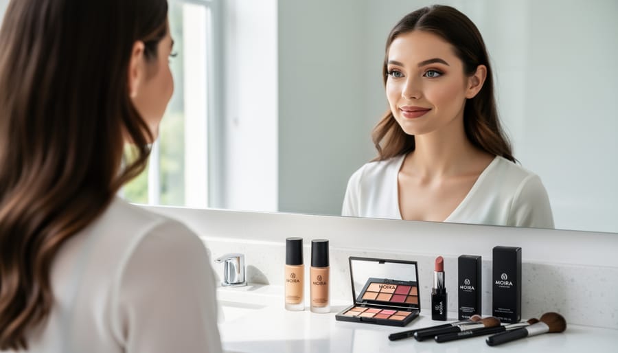 Person applying makeup with a brush in a softly lit room in Toronto-style setting
