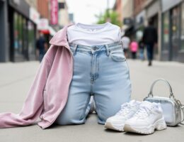 Curated Y2K outfit with low-rise jeans, baby tee, velour jacket, and chunky platform sneakers laid out on a Toronto sidewalk.