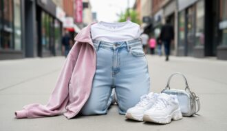 Curated Y2K outfit with low-rise jeans, baby tee, velour jacket, and chunky platform sneakers laid out on a Toronto sidewalk.