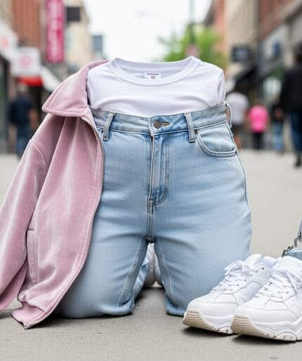 Curated Y2K outfit with low-rise jeans, baby tee, velour jacket, and chunky platform sneakers laid out on a Toronto sidewalk.