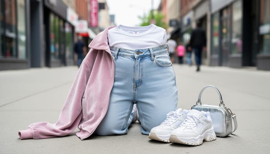 Curated Y2K outfit with low-rise jeans, baby tee, velour jacket, and chunky platform sneakers laid out on a Toronto sidewalk.