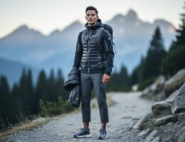 Medium-wide eye-level photo of a person in modern technical outdoor clothing on a rocky alpine trail, with a daypack and blurred mountains in the background.