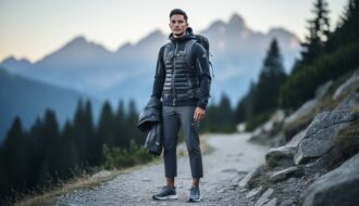 Medium-wide eye-level photo of a person in modern technical outdoor clothing on a rocky alpine trail, with a daypack and blurred mountains in the background.