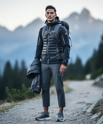 Medium-wide eye-level photo of a person in modern technical outdoor clothing on a rocky alpine trail, with a daypack and blurred mountains in the background.