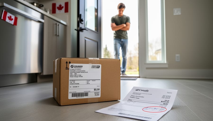 A parcel box on a wooden table with a maple-themed accessory nearby, suggesting cross-border shipping.