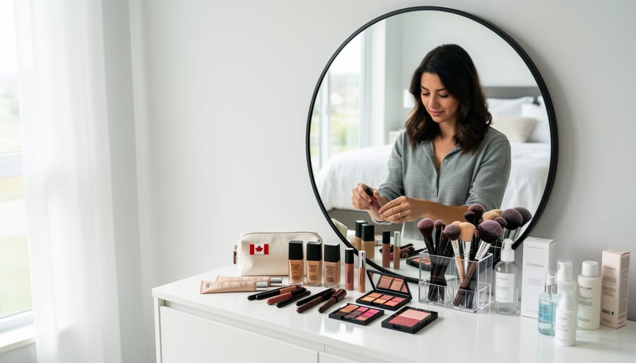 A person at a kitchen vanity holds cosmetic products including a lip tint, powder compact, and blending brush.