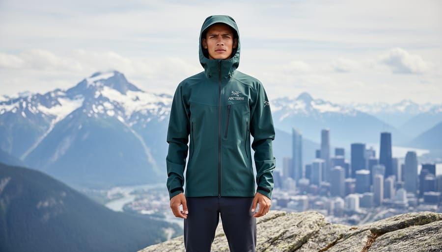 Arc'teryx alpine shell jacket draped on a rock near a snow-dusted trail