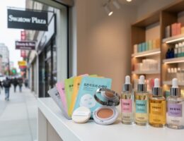 Close view of a Korean beauty store display at C&C Korean Cosmetics in Montreal Chinatown with sheet masks, cushion compact, and skincare serums on a counter.