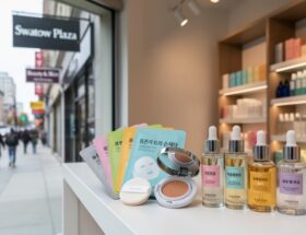 Close view of a Korean beauty store display at C&C Korean Cosmetics in Montreal Chinatown with sheet masks, cushion compact, and skincare serums on a counter.