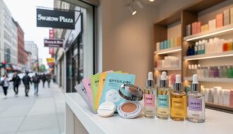 Close view of a Korean beauty store display at C&C Korean Cosmetics in Montreal Chinatown with sheet masks, cushion compact, and skincare serums on a counter.