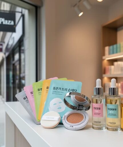 Close view of a Korean beauty store display at C&C Korean Cosmetics in Montreal Chinatown with sheet masks, cushion compact, and skincare serums on a counter.