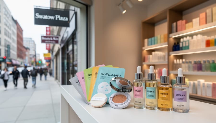 Close view of a Korean beauty store display at C&C Korean Cosmetics in Montreal Chinatown with sheet masks, cushion compact, and skincare serums on a counter.