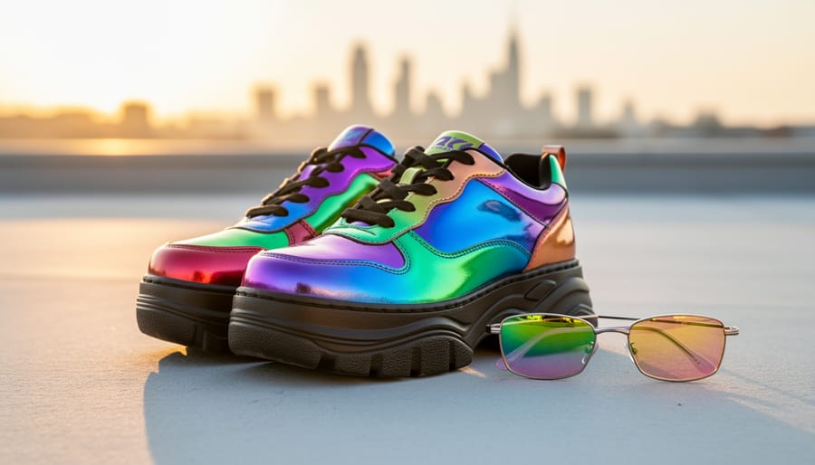 Chunky platform sneakers with tiny tinted sunglasses on a sidewalk bench