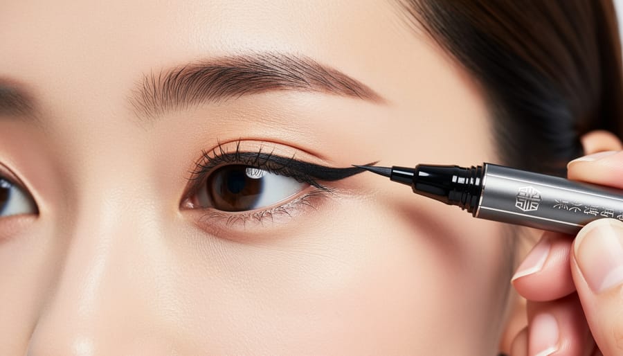 Close-up of a model with eyeliner being applied with a precision fine-tip brush near the eye.