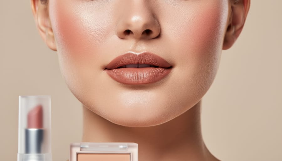 Close-up of hands applying lipstick and blush with a brush in warm golden-hour light