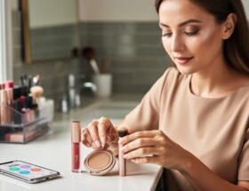 A person at a vanity holds and arranges a makeup cushion compact, lip tint, and blending brush in soft natural light.