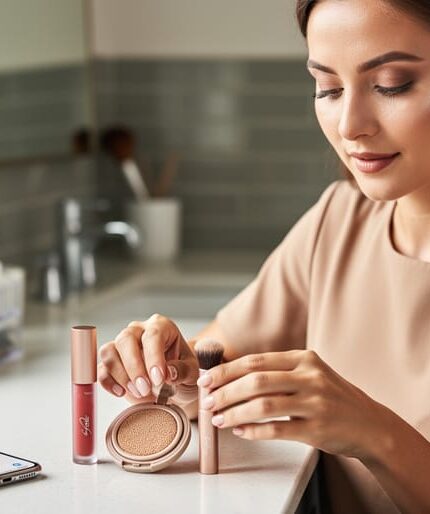 A person at a vanity holds and arranges a makeup cushion compact, lip tint, and blending brush in soft natural light.