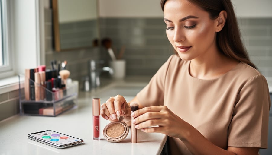 A person at a vanity holds and arranges a makeup cushion compact, lip tint, and blending brush in soft natural light.