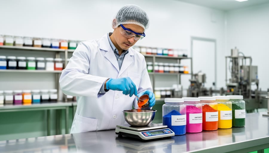 Gloved technician holding a glass vial of colored pigment in a stainless-steel cosmetics manufacturing facility