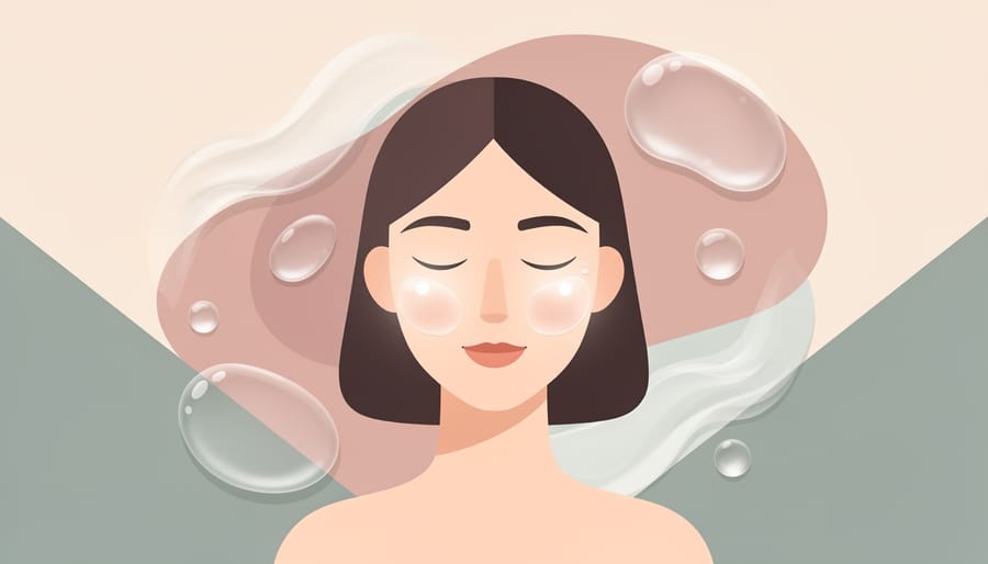 Hands applying moisturizer with skincare products softly blurred on a vanity nearby
