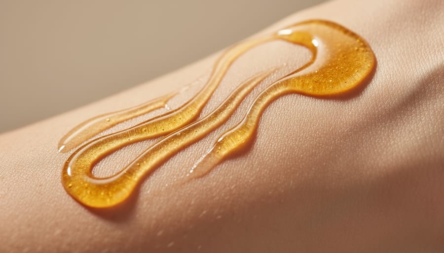 Macro close-up of golden amber serum being spread on the back of a hand for a dewy glow.