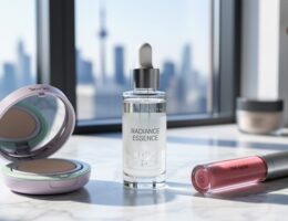 Close-up of a skincare essence dropper bottle, cushion compact, and lip tint on a marble vanity with soft daylight and blurred background.