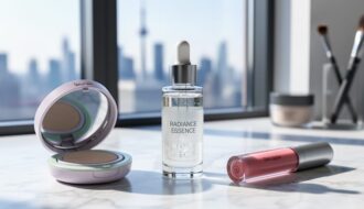 Close-up of a skincare essence dropper bottle, cushion compact, and lip tint on a marble vanity with soft daylight and blurred background.