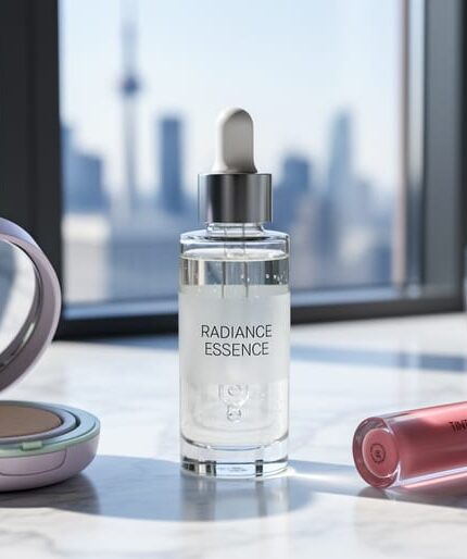 Close-up of a skincare essence dropper bottle, cushion compact, and lip tint on a marble vanity with soft daylight and blurred background.