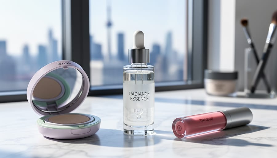 Close-up of a skincare essence dropper bottle, cushion compact, and lip tint on a marble vanity with soft daylight and blurred background.