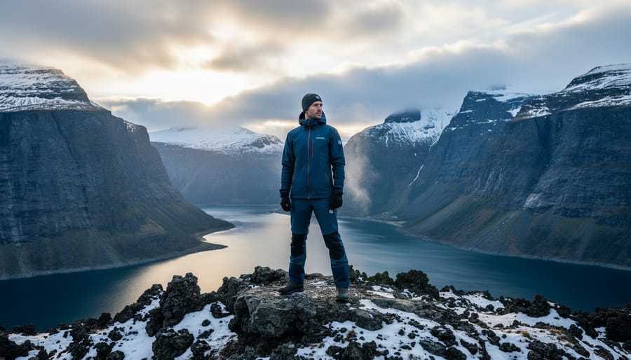 Norrøna insulated jacket leaning against a wooden signpost near a fjord landscape