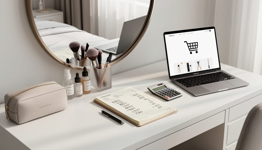 Overhead view of cosmetics next to receipts and a currency envelope on a vanity surface.