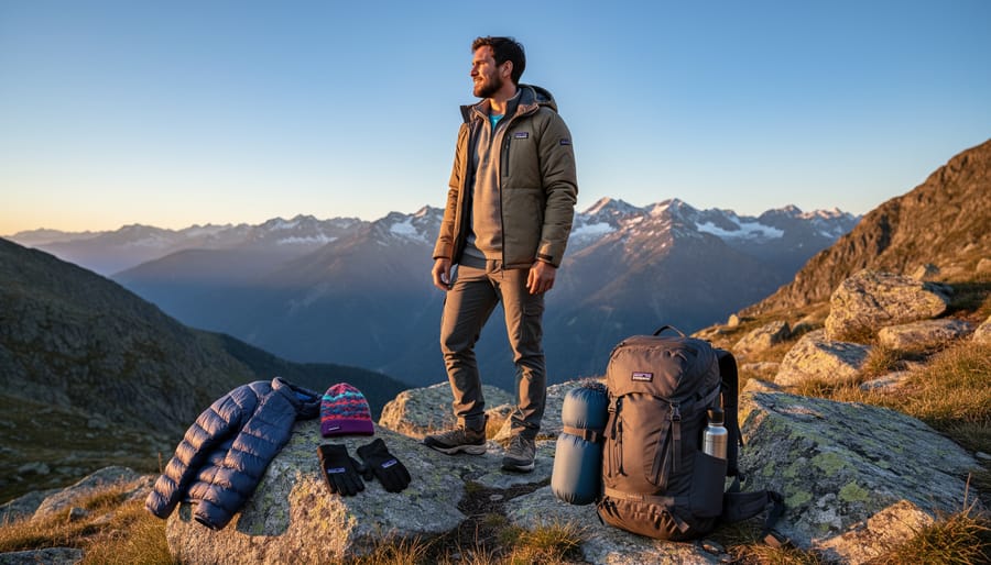 Patagonia fleece and tote bag hanging on a line near a glacier landscape