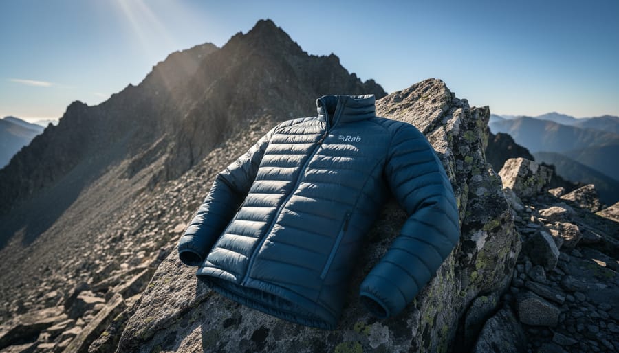 Rab technical insulated jacket against a rocky cliff background