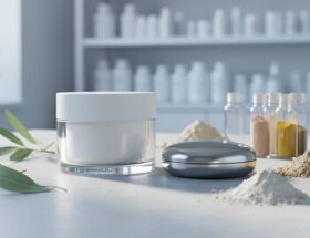 Glass cosmetic jar and metallic makeup compact on a stone countertop with botanical leaves, mineral clays, and pigment vials nearby, photographed in soft natural light for a clean beauty theme.