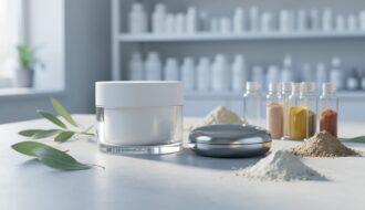 Glass cosmetic jar and metallic makeup compact on a stone countertop with botanical leaves, mineral clays, and pigment vials nearby, photographed in soft natural light for a clean beauty theme.