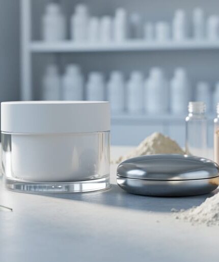 Glass cosmetic jar and metallic makeup compact on a stone countertop with botanical leaves, mineral clays, and pigment vials nearby, photographed in soft natural light for a clean beauty theme.
