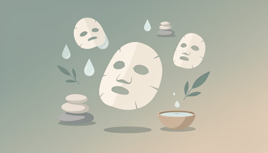 Sheet masks arranged on a towel with soft misty glow suggesting hydration and relaxation.