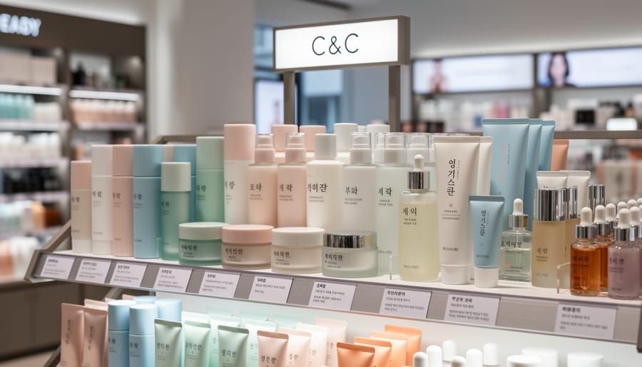 Skincare products including serum bottles, cream jars, and sheet masks arranged on a counter