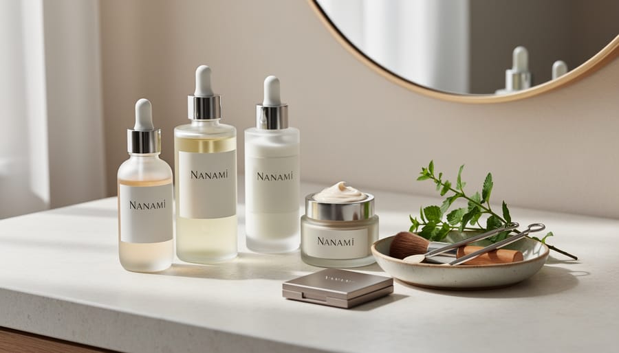 Skincare vanity scene with serum and cream jars arranged on a light stone surface, showing rich textures.