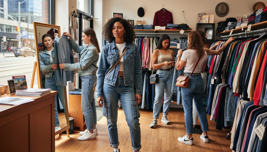 Thrift shop clothing rack featuring layered denim and cargo pants