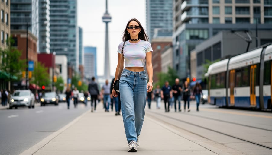 Toronto street-style outfit featuring low-rise jeans, crop tops, and a choker