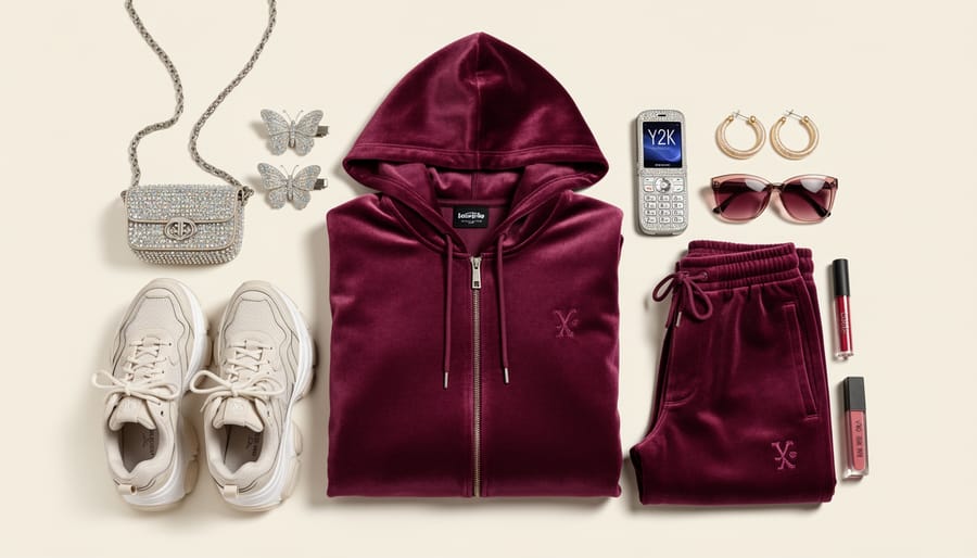 Velour tracksuit with rhinestone accessories and butterfly hair clip arranged on a bed