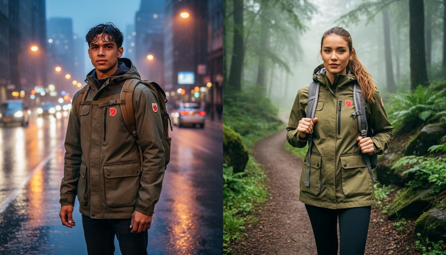 Waxed Fjällräven jacket and backpack with water droplets on a rainy sidewalk