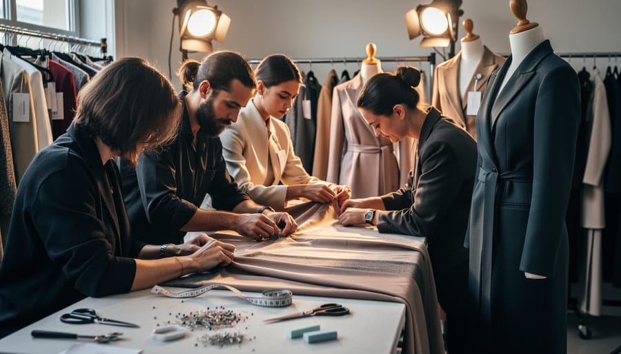 Fashion designer hands pinning fabric on a mannequin backstage at Vancouver Fashion Week
