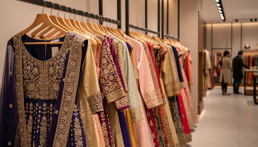 Carefully arranged hanging South Asian clothing garments in a boutique interior